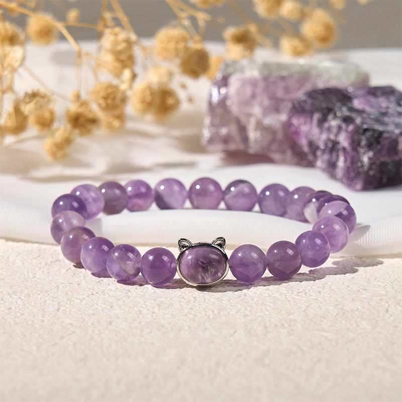 Bracelet Buddha Stones en améthyste avec joli visage de chat pour soulager le stress - image 2
