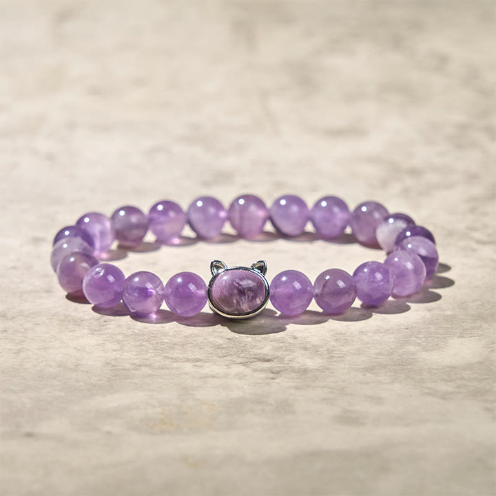 Bracelet Buddha Stones en améthyste avec joli visage de chat pour soulager le stress - image 5
