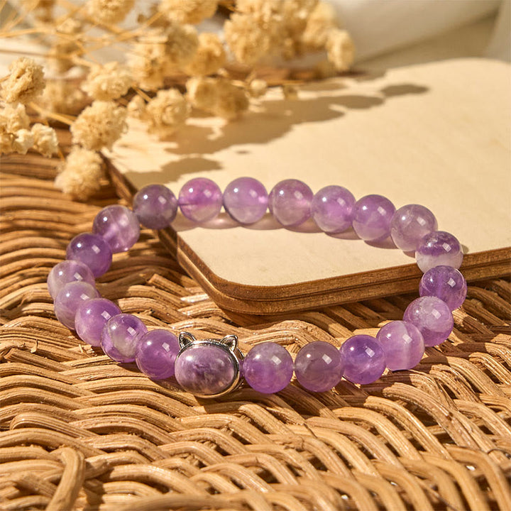 Bracelet Buddha Stones en améthyste avec joli visage de chat pour soulager le stress - image 3