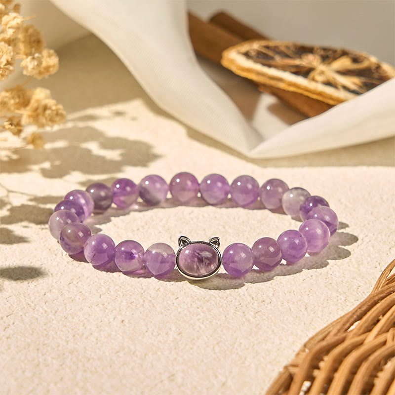 Bracelet Buddha Stones en améthyste avec joli visage de chat pour soulager le stress - Améthyste (tour de poignet : 14-16 cm) - image 1