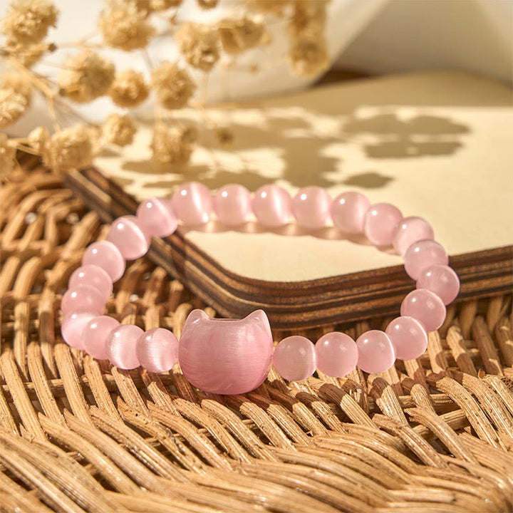 Bracelet de perles spirituelles en Buddha Stones, jolie tête de chat, œil de chat rose et œil de chat blanc - image 4
