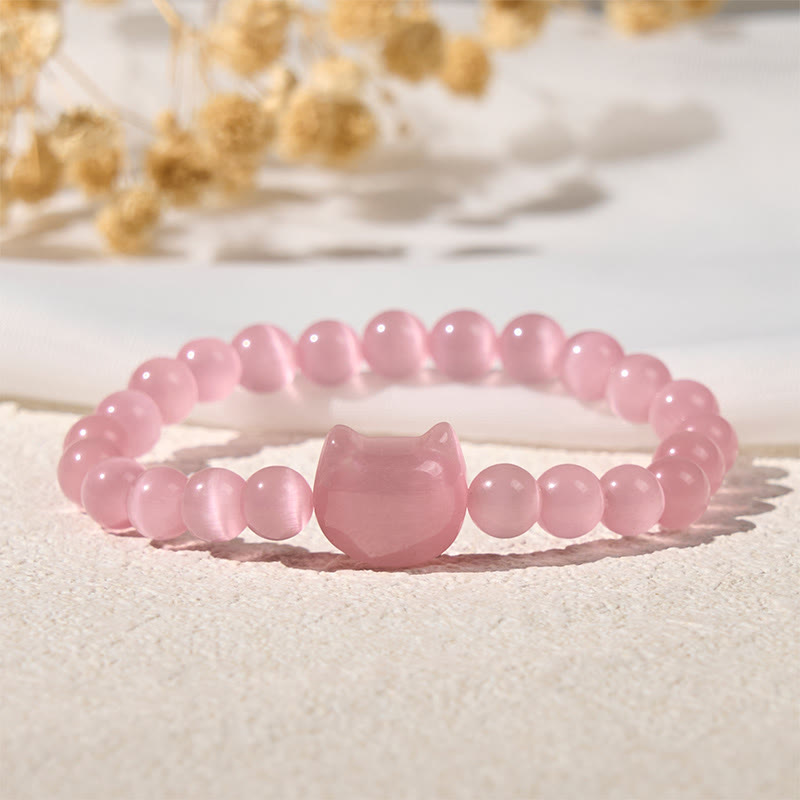 Bracelet de perles spirituelles en Buddha Stones, jolie tête de chat, œil de chat rose et œil de chat blanc - image 2