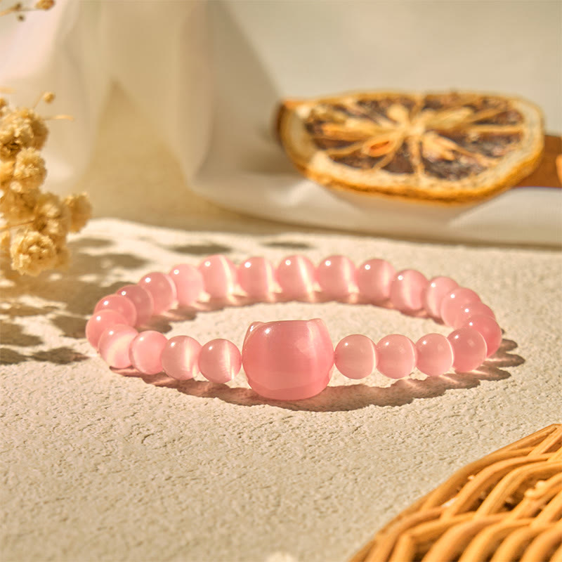 Bracelet de perles spirituelles en Buddha Stones, jolie tête de chat, œil de chat rose et œil de chat blanc - image 3