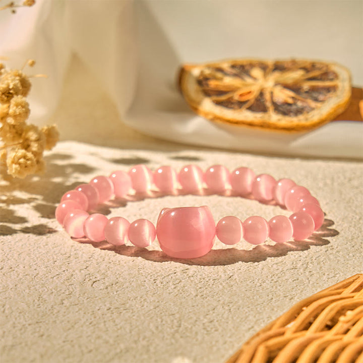 Bracelet de perles spirituelles en Buddha Stones, jolie tête de chat, œil de chat rose et œil de chat blanc - image 3