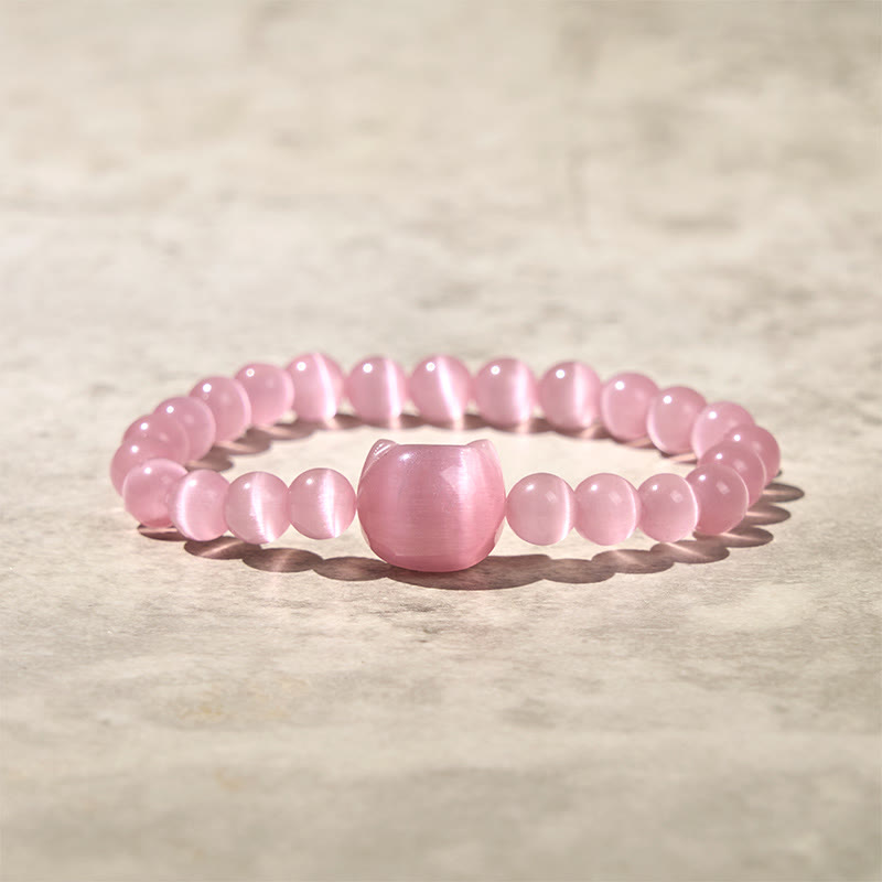 Bracelet de perles spirituelles en Buddha Stones, jolie tête de chat, œil de chat rose et œil de chat blanc - Œil de chat rose (tour de poignet : 15-20 cm) - image 0