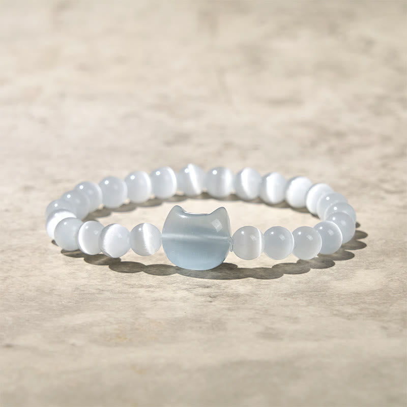Bracelet de perles spirituelles en Buddha Stones, jolie tête de chat, œil de chat rose et œil de chat blanc - Œil de chat blanc (tour de poignet : 15-20 cm) - image 8