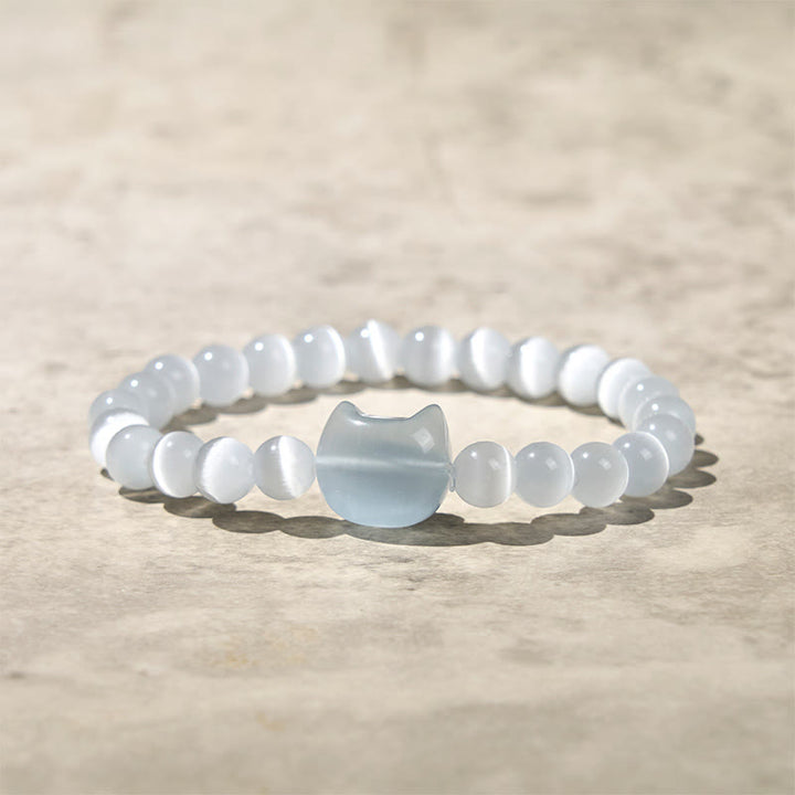 Bracelet de perles spirituelles en Buddha Stones, jolie tête de chat, œil de chat rose et œil de chat blanc - Œil de chat blanc (tour de poignet : 15-20 cm) - image 8