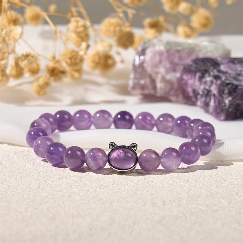 Bracelet de guérison en Buddha Stones d'améthyste naturelle en forme de chat mignon - Améthyste (tour de poignet : 14-16 cm) - image 1