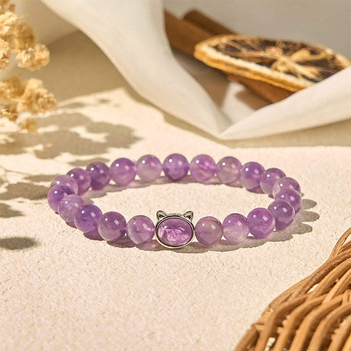 Bracelet de guérison en Buddha Stones d'améthyste naturelle en forme de chat mignon - image 3