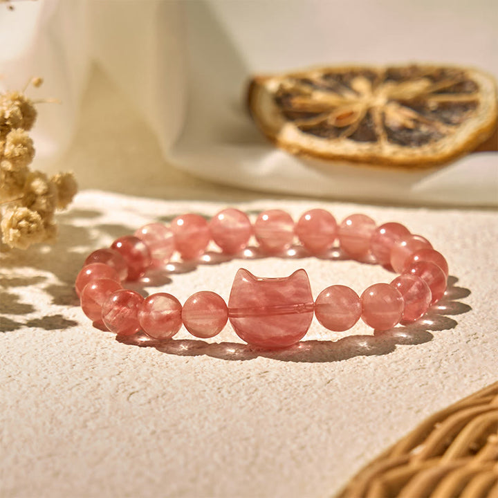 Bracelet de perles spirituelles en agate rouge avec jolie tête de chat et Buddha Stones - Agate rouge (tour de poignet : 15-20 cm) - image 0