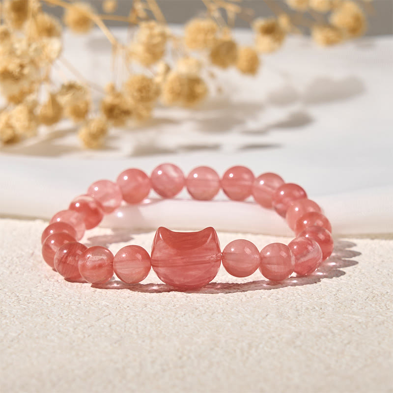 Bracelet de perles spirituelles en agate rouge avec jolie tête de chat et Buddha Stones - image 1