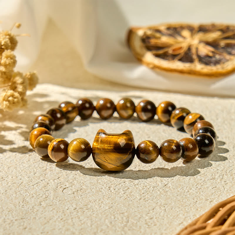Bracelet de perles puissantes œil de tigre et chat mignon en Buddha Stones - Œil de tigre (circonférence du poignet : 15-20 cm) - image 0