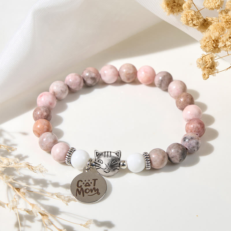 Bracelet de protection en jaspe zèbre avec tête de chat et Buddha Stones - Jaspe zébré (circonférence du poignet : 16-19 cm) - image 0