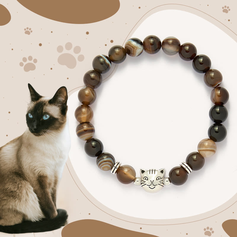 Bracelet de stabilité en perles d'agate rayée marron naturelle en forme de chat siamois chocolat Buddha Stones - Agate rayée marron (tour de poignet : 15-18,5 cm) - image 0