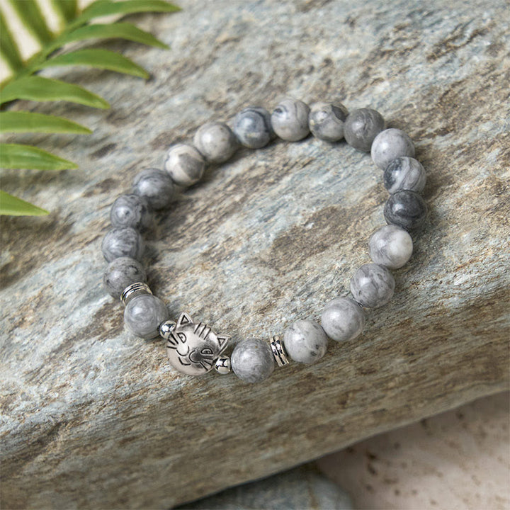 Bracelet de guérison en perles de jaspe gris naturel avec motif chat mignon et Buddha Stones - image 5