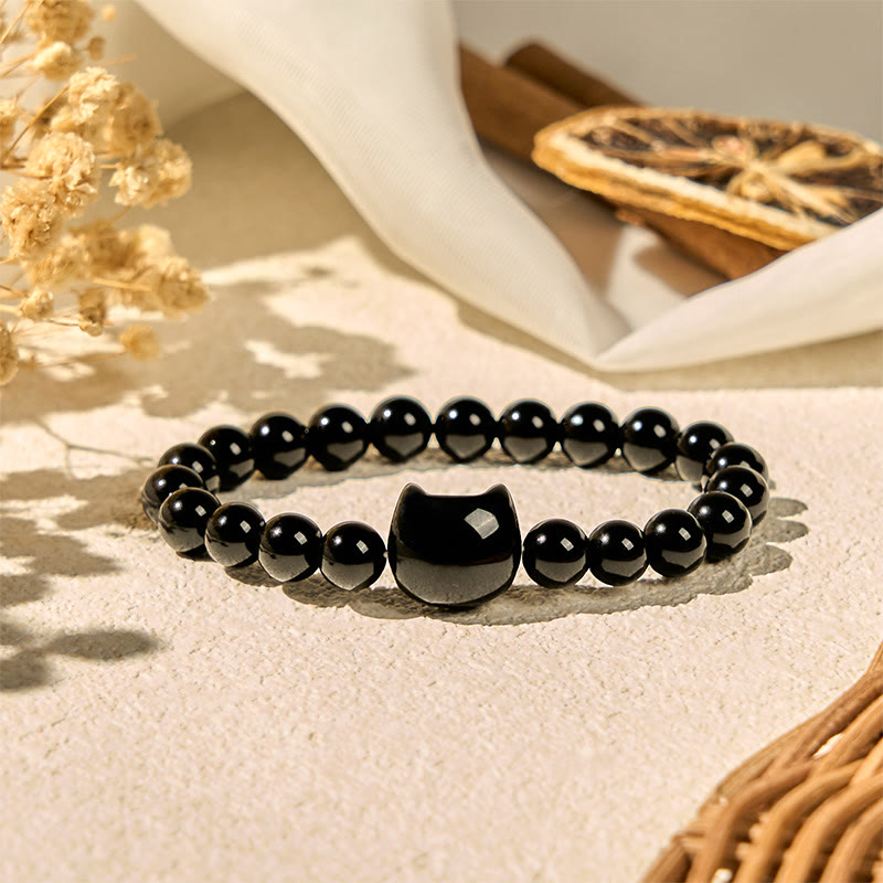 Bracelet de protection en onyx noir naturel Buddha Stones et chat noir - image 2