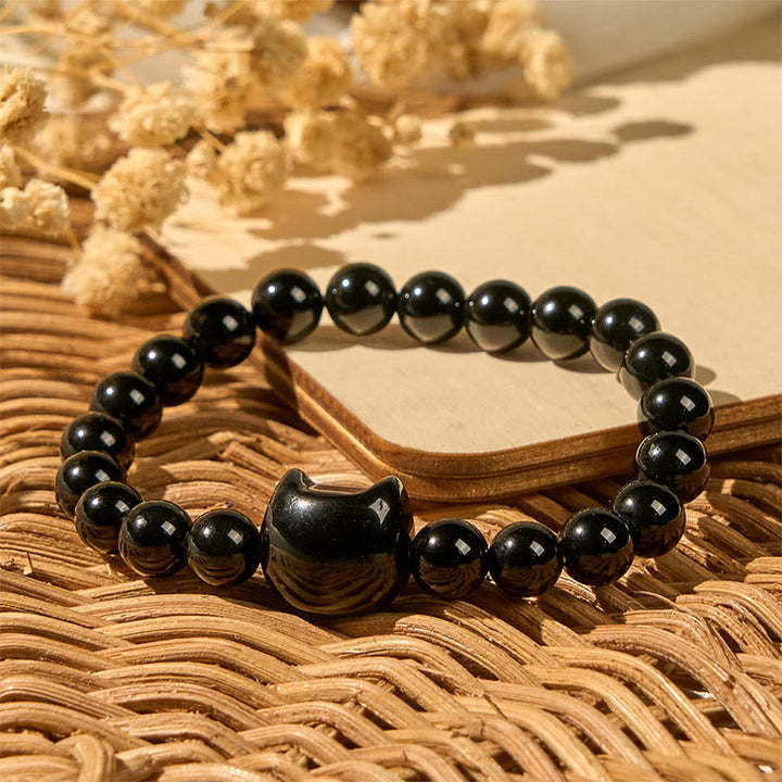 Bracelet de protection en onyx noir naturel Buddha Stones et chat noir - image 3
