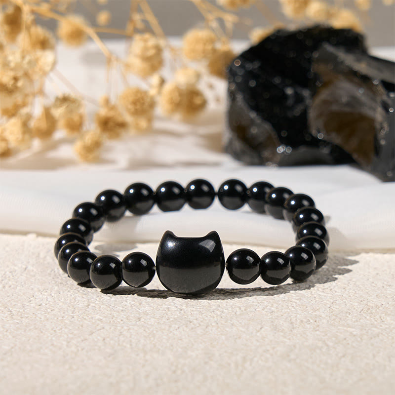 Bracelet de protection en onyx noir naturel Buddha Stones et chat noir - image 4
