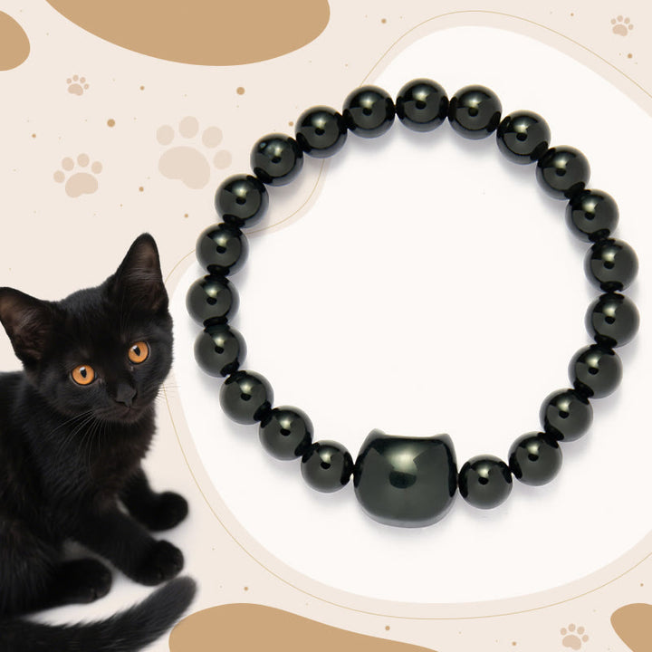 Bracelet de protection en onyx noir naturel Buddha Stones et chat noir - Onyx noir (tour de poignet : 14-16 cm) - image 1