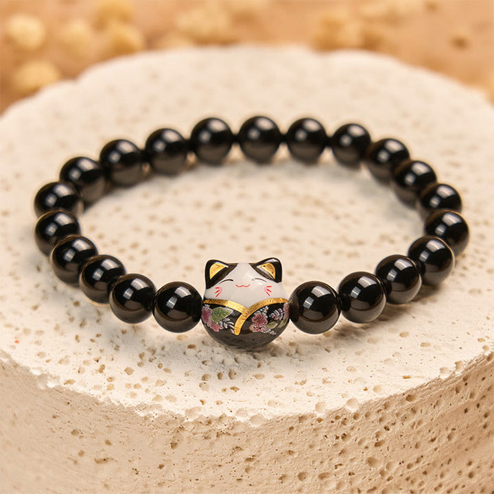 Bracelet porte-bonheur en céramique et onyx noir naturel avec Buddha Stones et chat noir - image 3
