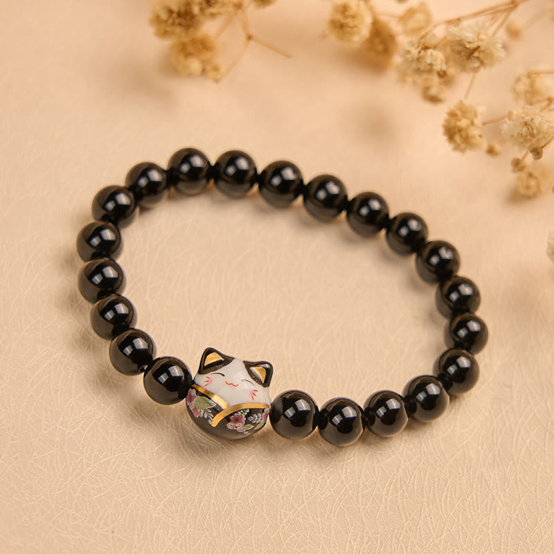 Bracelet porte-bonheur en céramique et onyx noir naturel avec Buddha Stones et chat noir - image 2