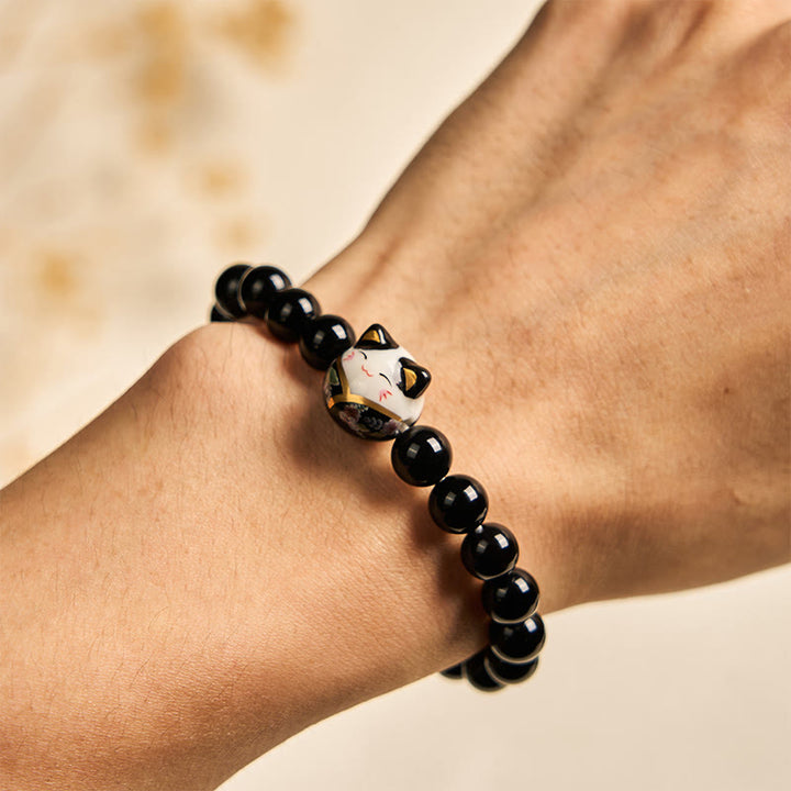 Bracelet porte-bonheur en céramique et onyx noir naturel avec Buddha Stones et chat noir - image 4