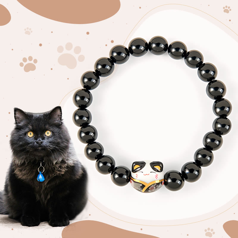 Bracelet porte-bonheur en céramique et onyx noir naturel avec Buddha Stones et chat noir - Onyx noir (tour de poignet : 15-16 cm) - image 1
