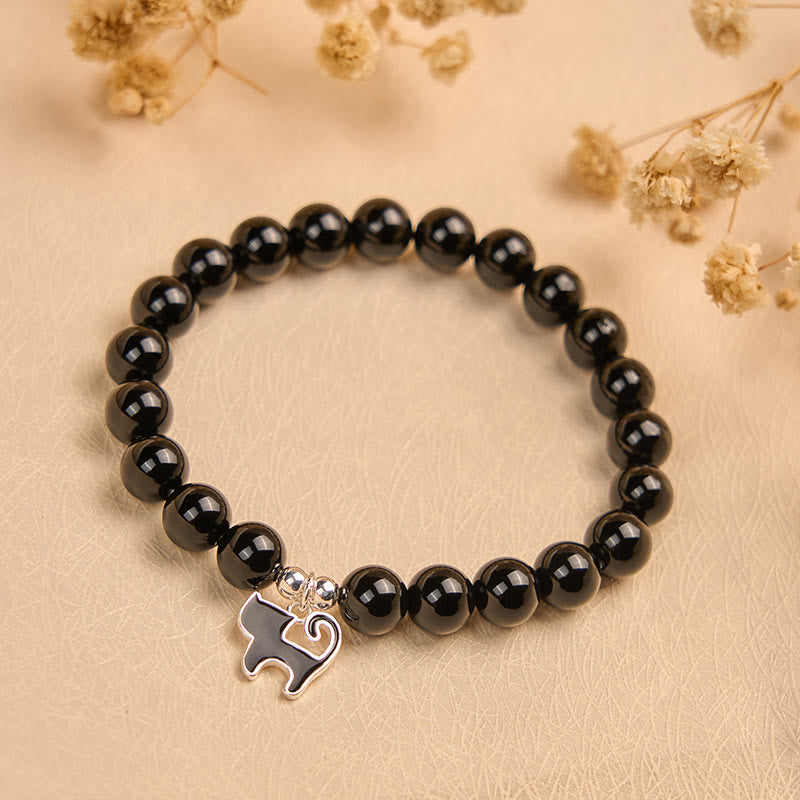 Bracelet de protection en argent Buddha Stones 925 avec breloque chaton et onyx noir naturel - image 2