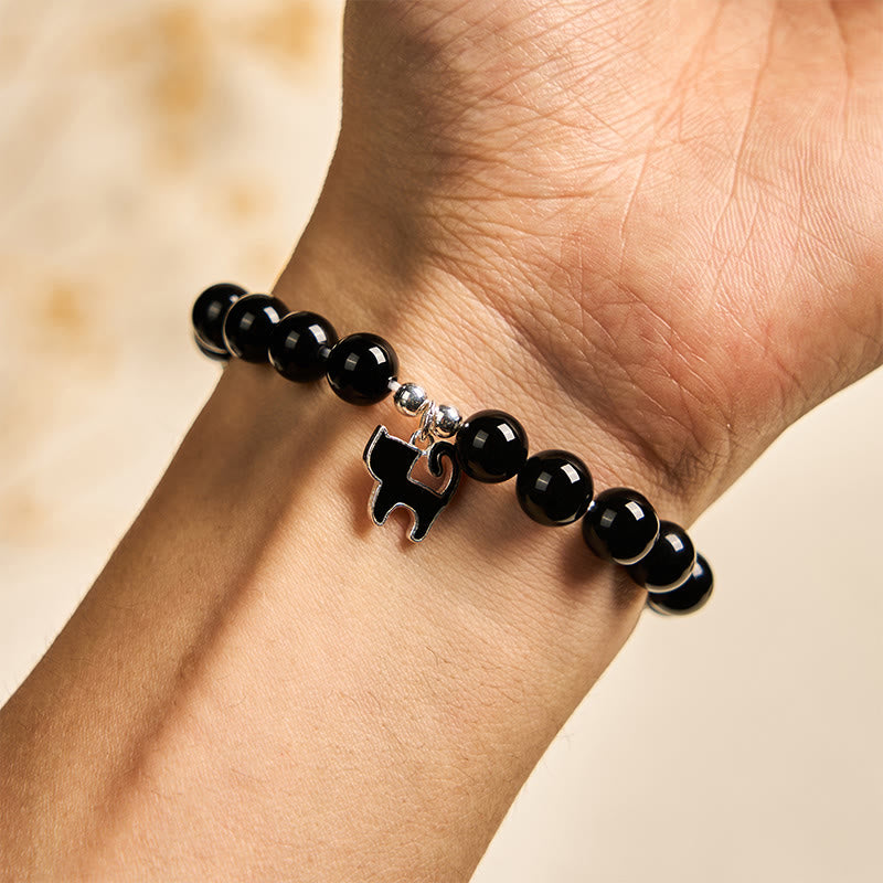 Bracelet de protection en argent Buddha Stones 925 avec breloque chaton et onyx noir naturel - image 5