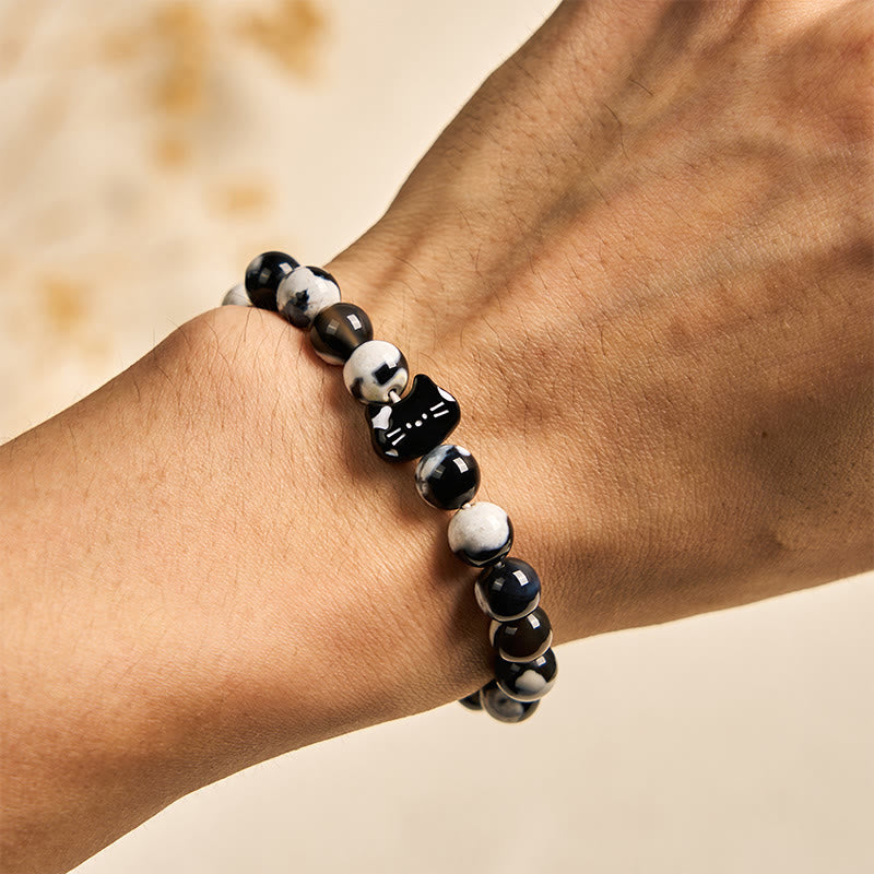 Bracelet de confiance en agate de feu chat noir et blanc Buddha Stones - image 4