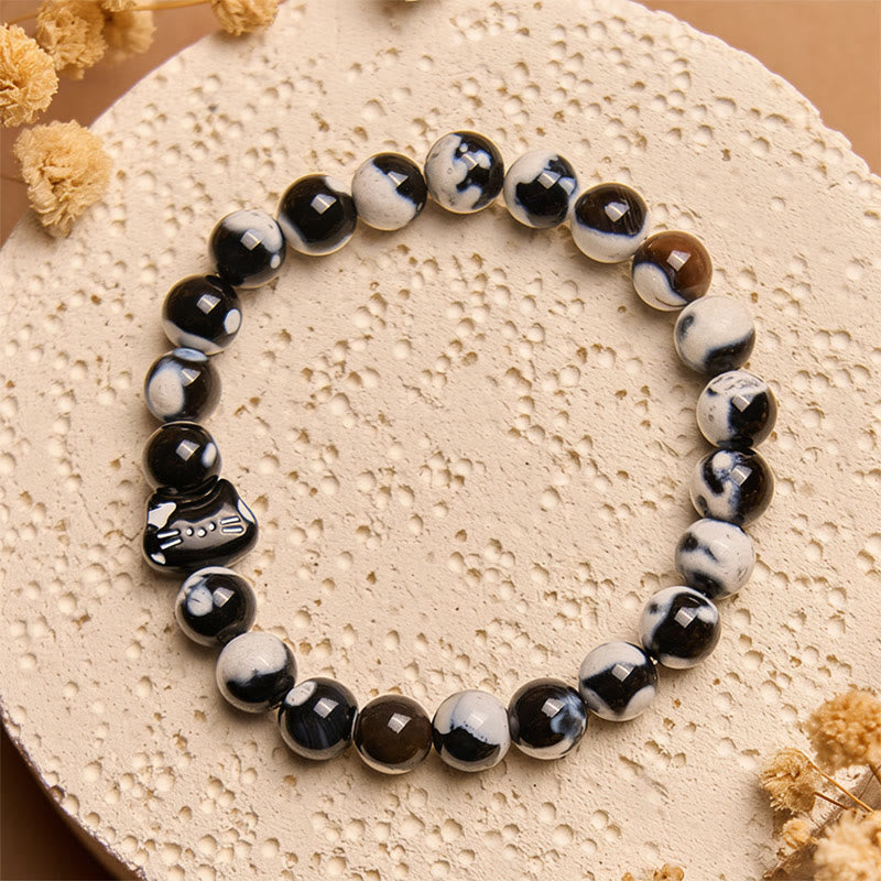Bracelet de confiance en agate de feu chat noir et blanc Buddha Stones - Chat noir et blanc (tour de poignet 15-16 cm) - image 1