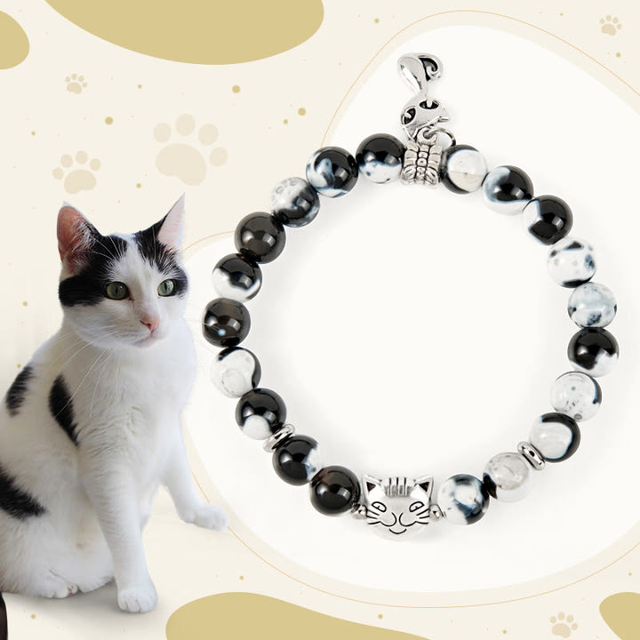 Bracelet d'amour en perles d'agate de feu chat noir et blanc Buddha Stones - Chat noir et blanc (tour de poignet 15-16 cm) - image 1