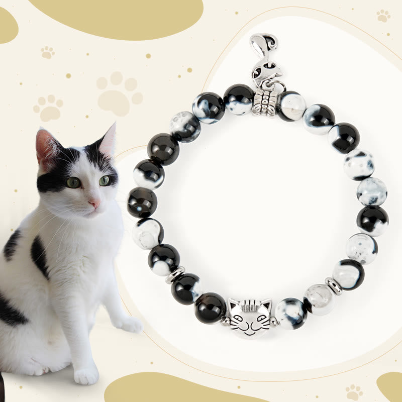 Bracelet d'amour en perles d'agate de feu chat noir et blanc Buddha Stones - Chat noir et blanc (tour de poignet 15-16 cm) - image 0