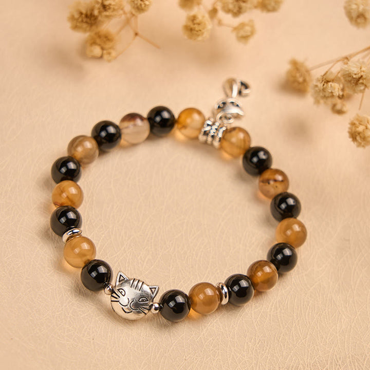 Bracelet de protection Buddha Stones, écaille de tortue, chat, agate rayée marron clair, onyx noir - image 3