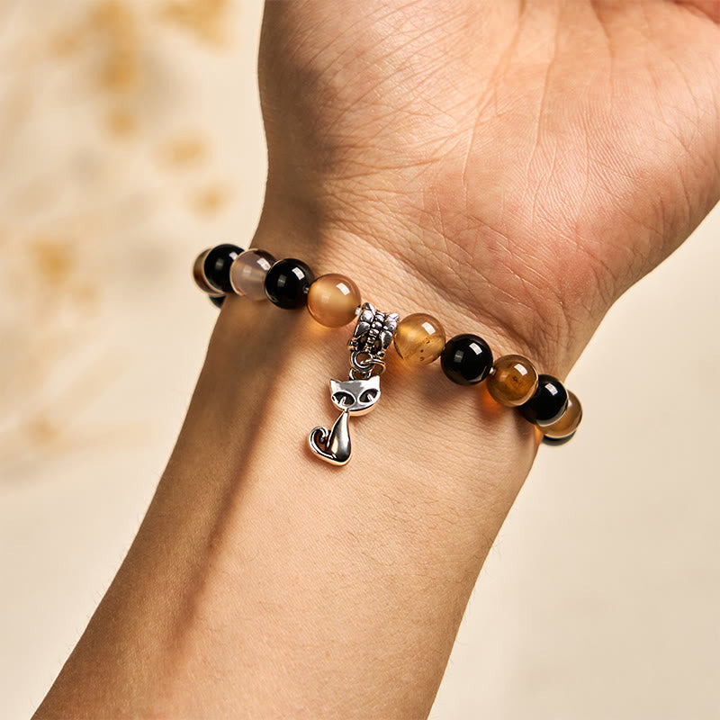 Bracelet de protection Buddha Stones, écaille de tortue, chat, agate rayée marron clair, onyx noir - image 4