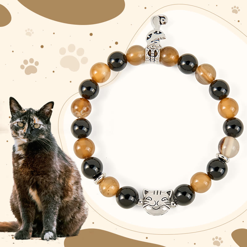 Bracelet de protection Buddha Stones, écaille de tortue, chat, agate rayée marron clair, onyx noir - Chat écaille de tortue (tour de poignet 15-16 cm) - image 1
