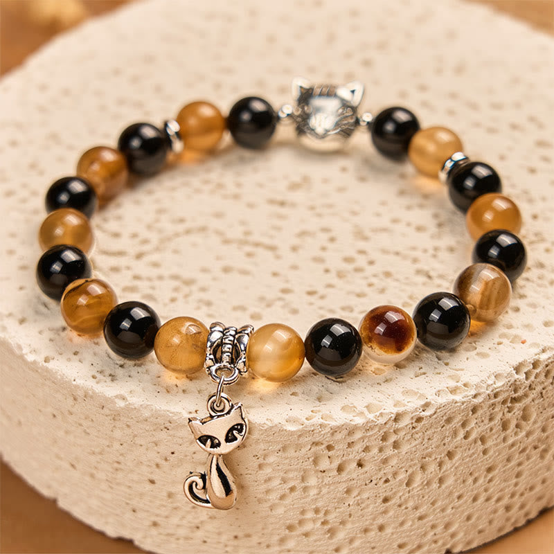Bracelet de protection Buddha Stones, écaille de tortue, chat, agate rayée marron clair, onyx noir - image 2