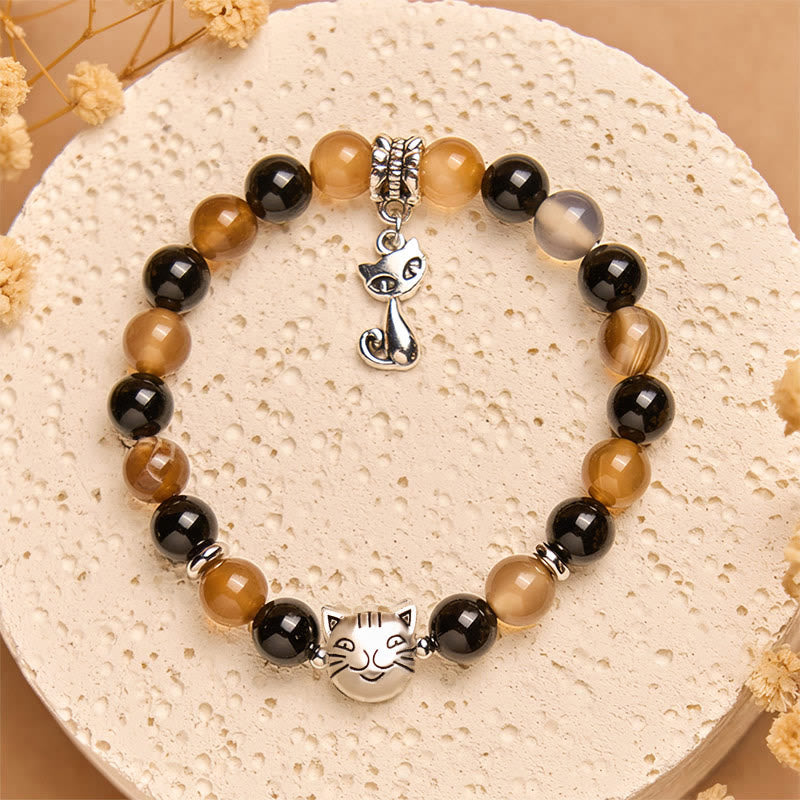 Bracelet de protection Buddha Stones, écaille de tortue, chat, agate rayée marron clair, onyx noir - image 1