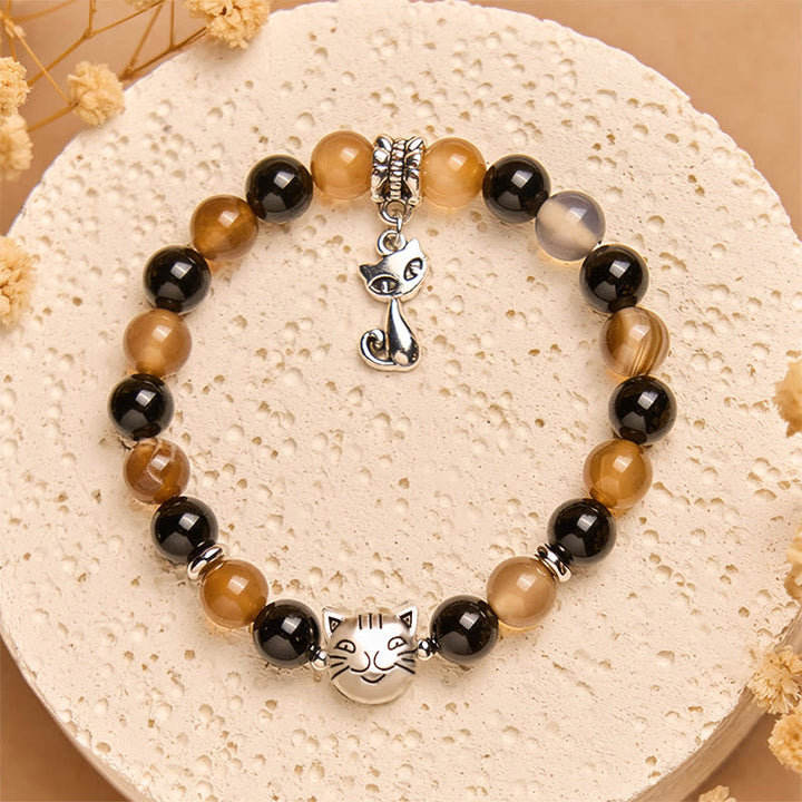 Bracelet de protection Buddha Stones, écaille de tortue, chat, agate rayée marron clair, onyx noir - image 1