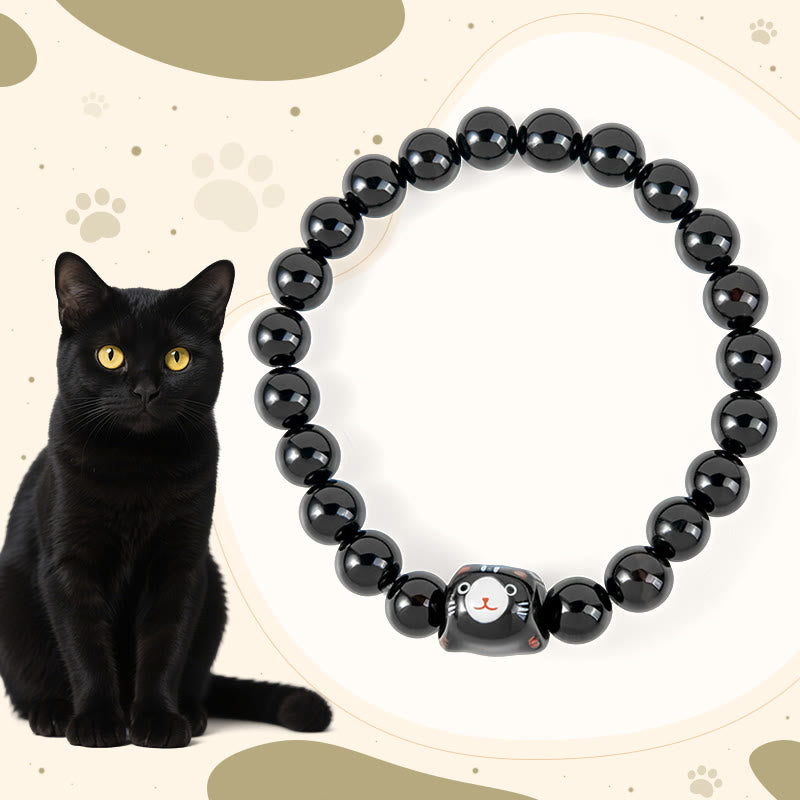 Bracelet de soutien pour chaton en céramique et onyx noir naturel avec Buddha Stones - Chat noir (tour de poignet 15-16 cm) - image 1