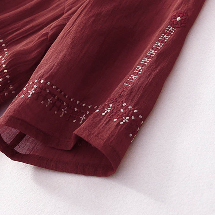 Robe midi en coton à manches courtes et broderies de Buddha Stones de couleur unie - image 23
