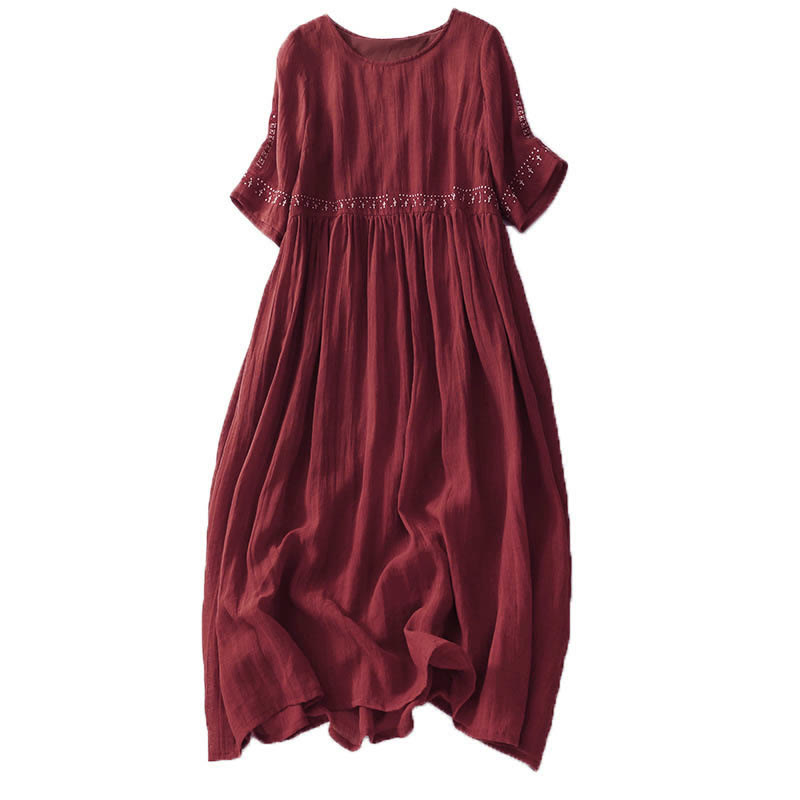 Robe midi en coton à manches courtes et broderies de Buddha Stones de couleur unie - image 25