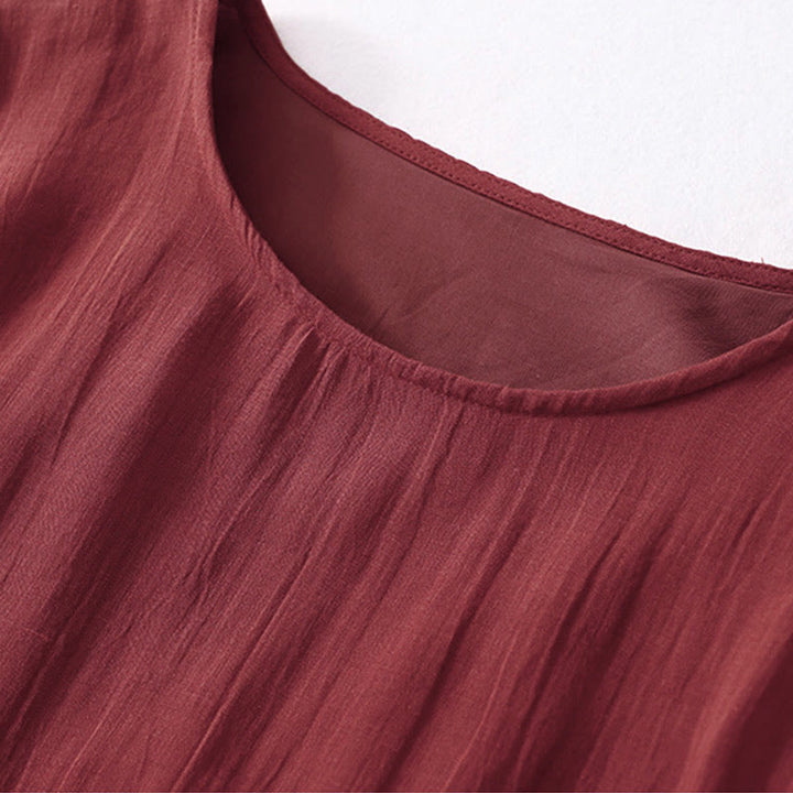 Robe midi en coton à manches courtes et broderies de Buddha Stones de couleur unie - image 19