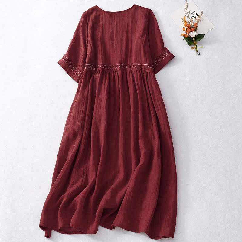 Robe midi en coton à manches courtes et broderies de Buddha Stones de couleur unie - image 18