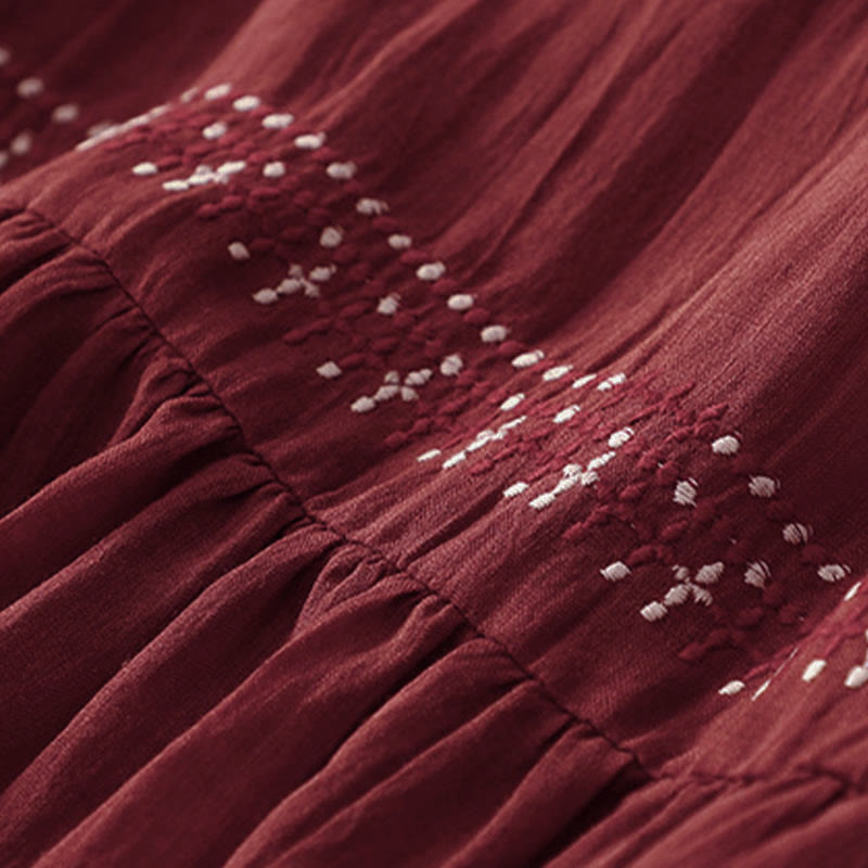 Robe midi en coton à manches courtes et broderies de Buddha Stones de couleur unie - image 24
