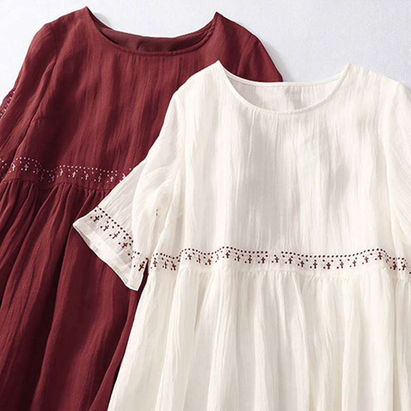 Robe midi en coton à manches courtes et broderies de Buddha Stones de couleur unie - image 20