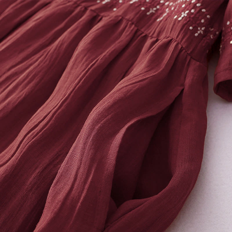 Robe midi en coton à manches courtes et broderies de Buddha Stones de couleur unie - image 30