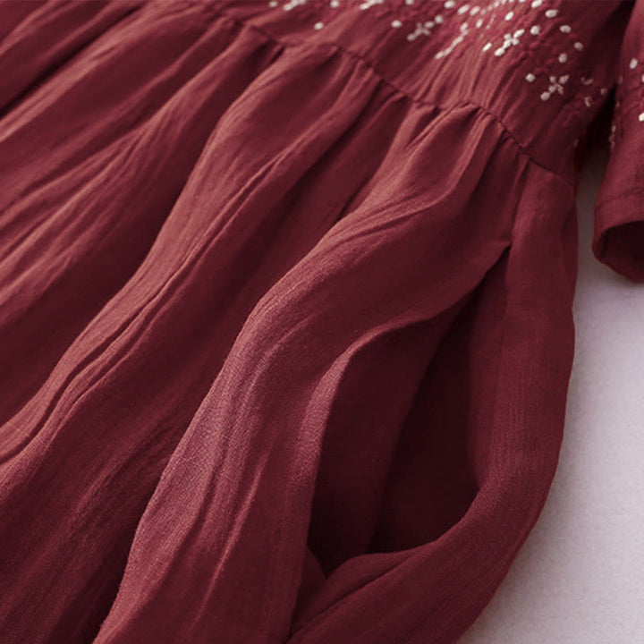 Robe midi en coton à manches courtes et broderies de Buddha Stones de couleur unie - image 30