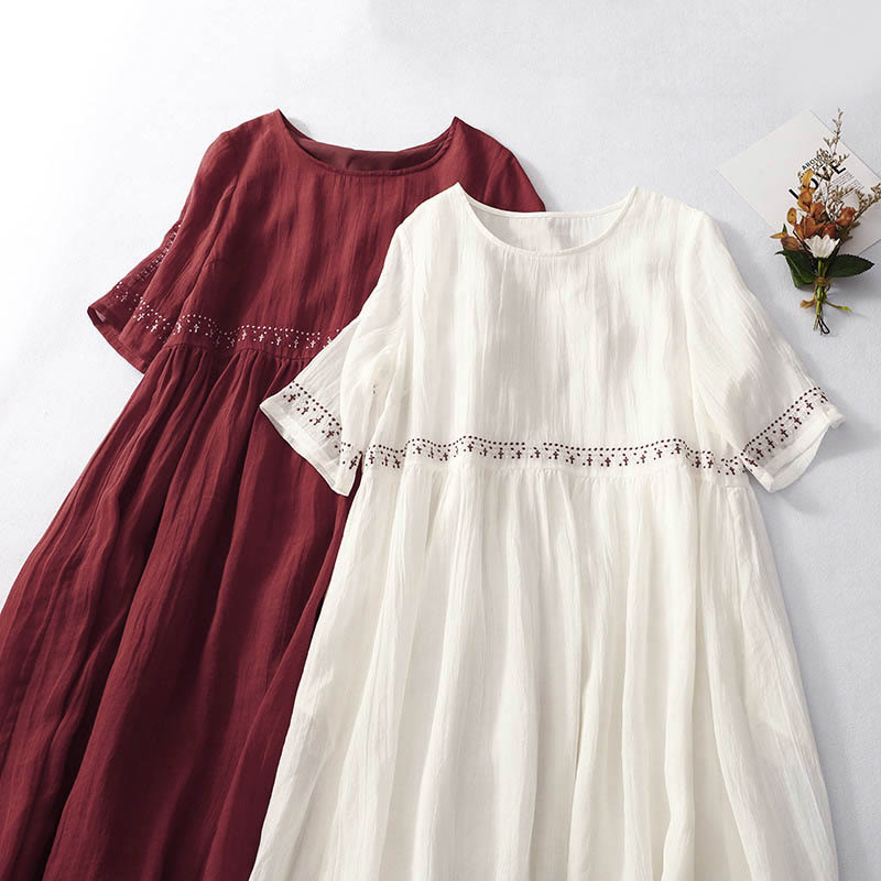 Robe midi en coton à manches courtes et broderies de Buddha Stones de couleur unie - image 26