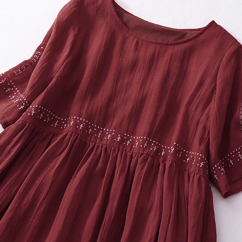 Robe midi en coton à manches courtes et broderies de Buddha Stones de couleur unie - image 28